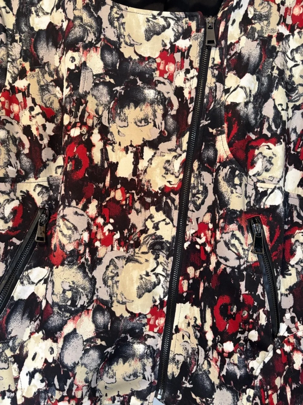 Modamix Red Black Cream Abstract Floral-Print Moto Jacket - Picture 6 of 8